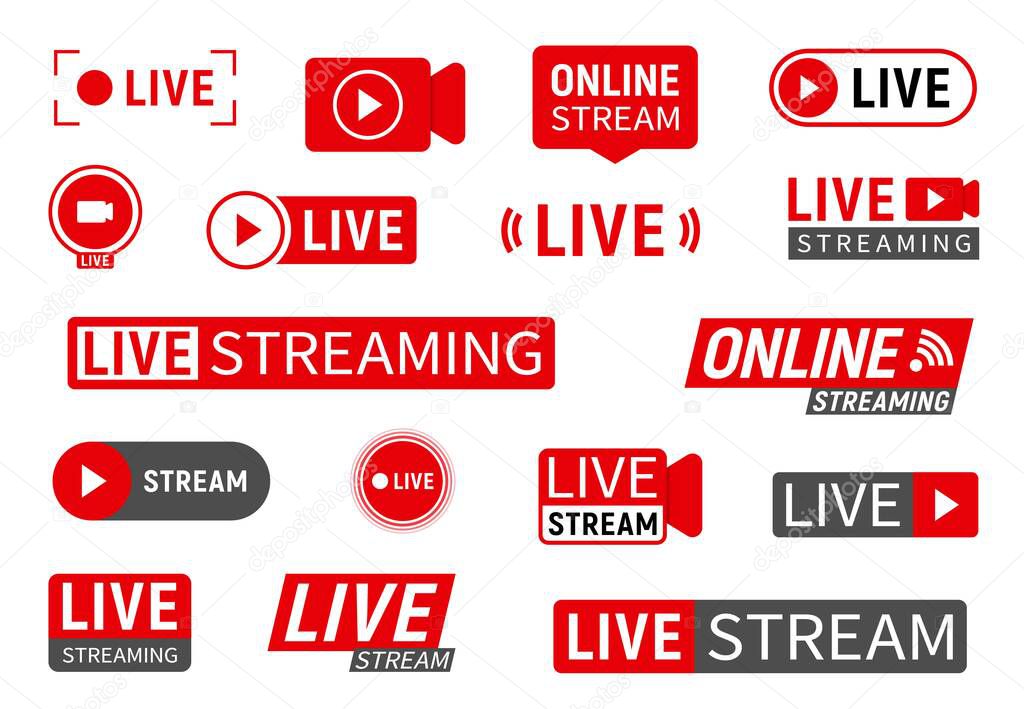 Live stream, online webinar or TV news broadcast vector icons of camera and recording button. Television live channel and streaming web video or online news play symbols, vlog or tube broadcast