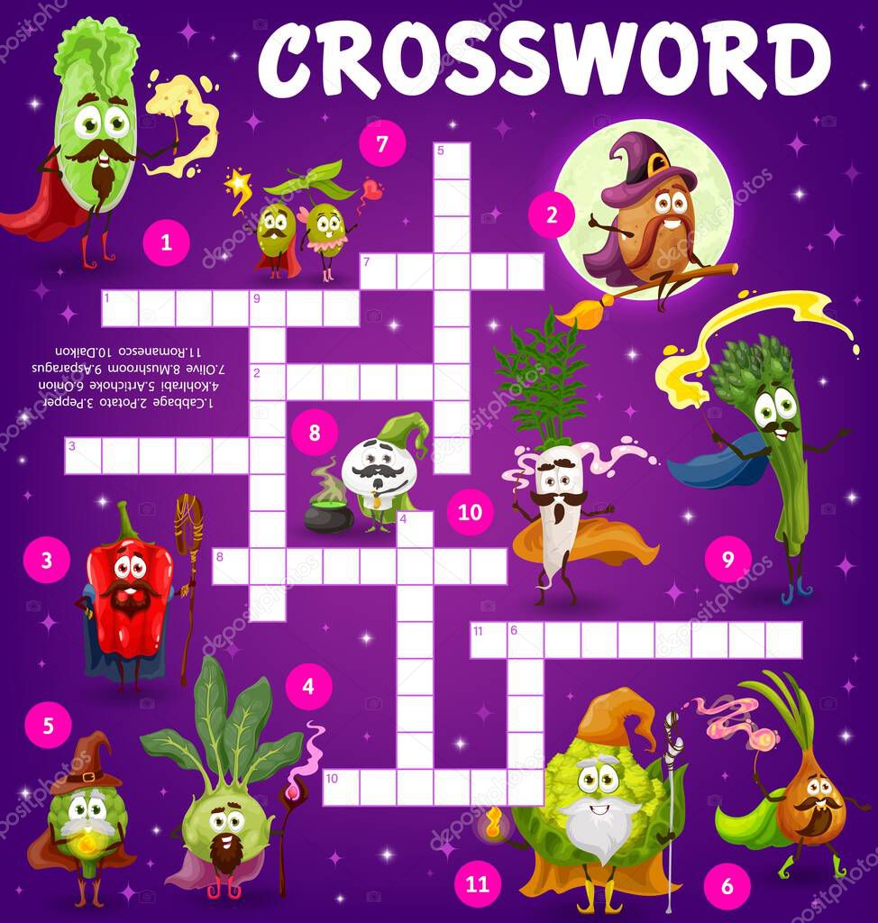 Cartoon vegetable wizards and magicians, crossword puzzle game grid, vector find a word quiz worksheet. Kids cross word game with pepper, spinach and onion wizard characters with magic wand