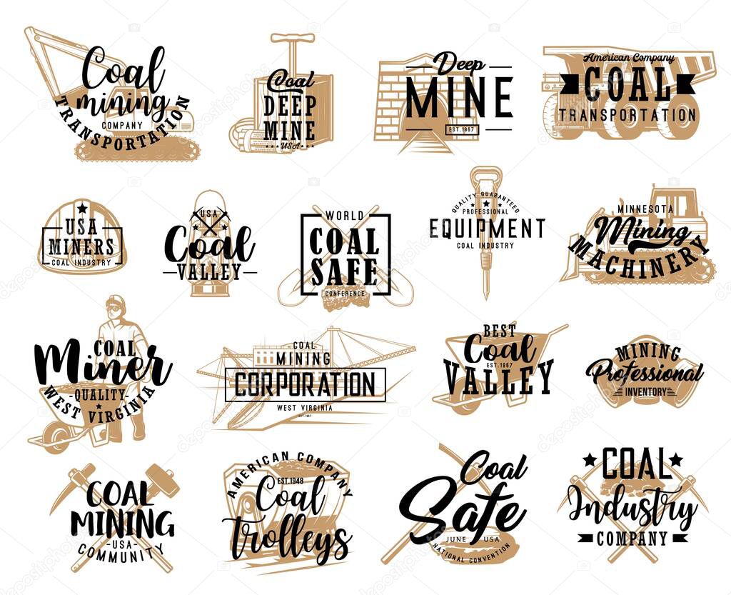 Coal mining industry tools and transport icons set. Miner with wheelbarrow, bulldozer, haul truck and mine dump car, coal stacker pickaxe and sledgehammer, dynamite, jackhammer and shovels vector