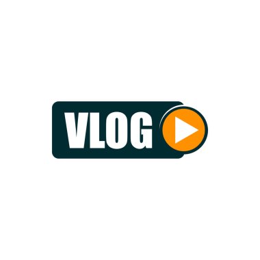 Vlog simgesi, televizyon yayını, canlı yayın, çevrimiçi video blog simgesi. Sosyal medya etkinliği, sanal multimedya içeriği, internet kanalı akışı için çalma düğmesi olan vektör amblemi. Webinar için izole etiket