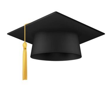 Püsküllü siyah mezuniyet şapkası. Tecrit edilmiş üniversite ya da üniversite diplomalı öğrenci şapkası. Mezuniyet töreni ve eğitim başarısı için vektör başlığı gerçekçi 3D şapka
