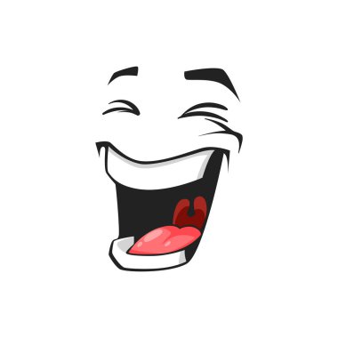 Çizgi film gülen yüzü, vektör mutlu emoji, geniş açık gülüşlü yüz ifadesi dişlek ağzı ve kapalı gözleri. Beyaz arkaplanda izole edilmiş olumlu duygular