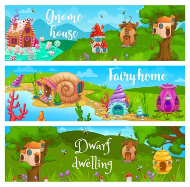 Mantar, meşe palamudu, karamel ve kabuk, çiçek ve arı kovanı, yuva çizgi film evleri ve evler. Cüce, peri ya da cüce fantezi binaları, ormandaki şirin evler, yeşil tarlalar ve deniz kıyılı taşıyıcı bayraklar