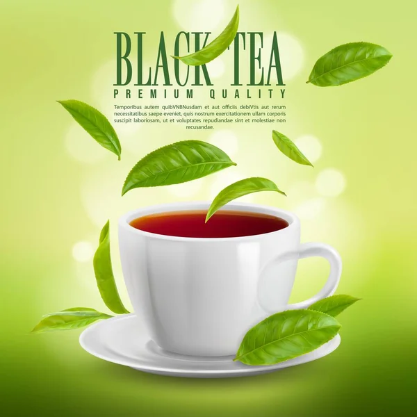 现实的早餐茶杯 配上飘落的绿色锦纶茶叶 草本有机质产品宣传品和病媒海报 带有茶叶的天然香味饮料广告 — 图库矢量图片