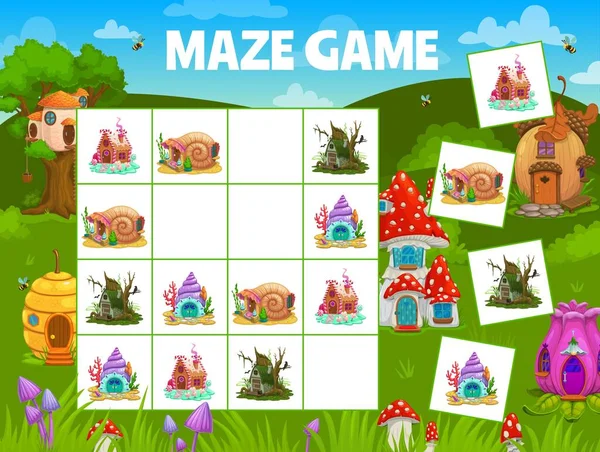Sudoku Kids Maze Cartoon Houses Flower Acorn Shell Beehive Mushroom — Stock Vector