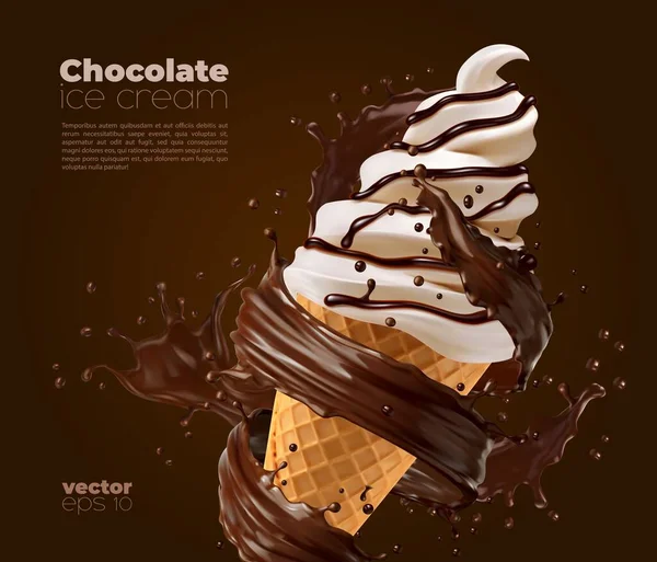 Chocolate Macio Servir Sorvete Com Choco Splash Redemoinhos Cartaz Vetorial — Vetor de Stock