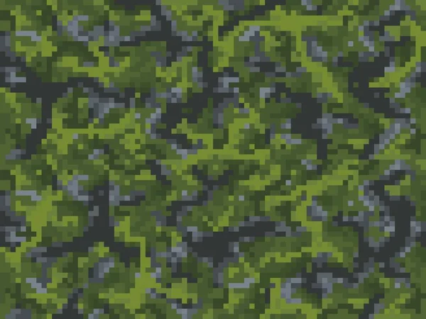 Khaki Camouflage Pixel Spiel Kubische Hintergrundmuster Mit Gras Und Bodensteinen — Stockvektor