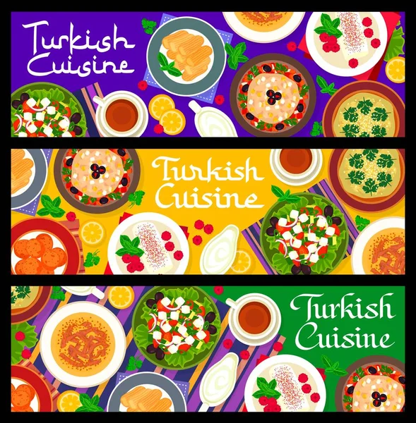 Turkse Keuken Banners Turkije Restaurant Diner Dessert Maaltijden Vector Turkse — Stockvector