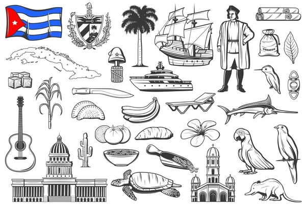 キューバの国民のシンボル 料理や自然刻まアイコンを設定します キューバ国旗と紋章 人形館と島の地図 クリストファー コロンブスの船 果物と動物 葉巻カッター マチェーテベクトル — ストックベクタ