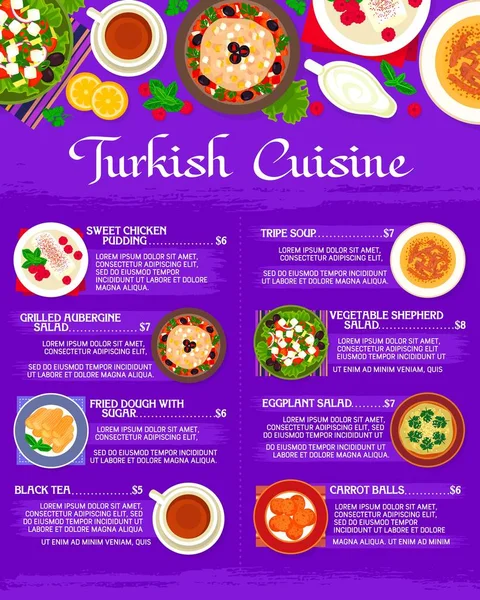 Modèle Menu Cuisine Turque Avec Nourriture Turquie Restaurant Vecteur Dîner — Image vectorielle