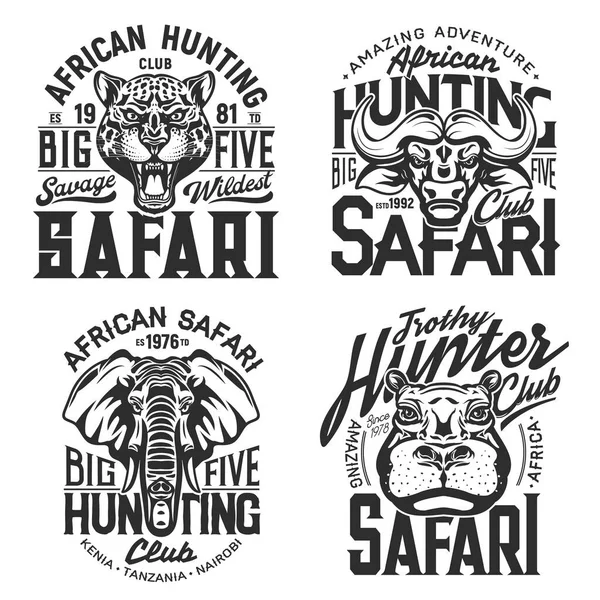 Safari Shirt Prints Vektorflusspferd Büffel Gepard Oder Elefant Wilde Tiere — Stockvektor