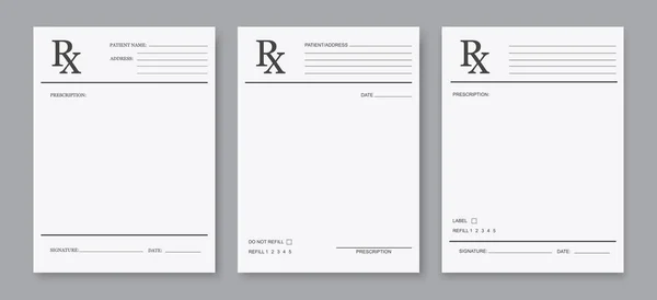 Rx表格 药房和医院病媒用纸空白单 医疗处方 临床文件模拟药物和药物 现实的医生处方空白页模板 医疗信函模型 — 图库矢量图片