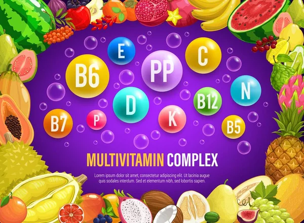 Vitaminok Ásványi Anyagok Mezőgazdasági Gyümölcsökben Multivitamin Komplexus Vektor Plakát Kerti — Stock Vector