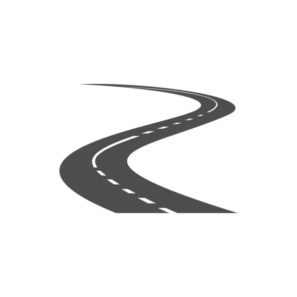高速道路巻き アスファルトの曲線の方法は アスファルトの道路 経路ベクトルアイコン 旅行や交通機関の設計要素は 白の背景に隔離されたマークを点線で2車線のドライブウェイをカーブ — ストックベクタ