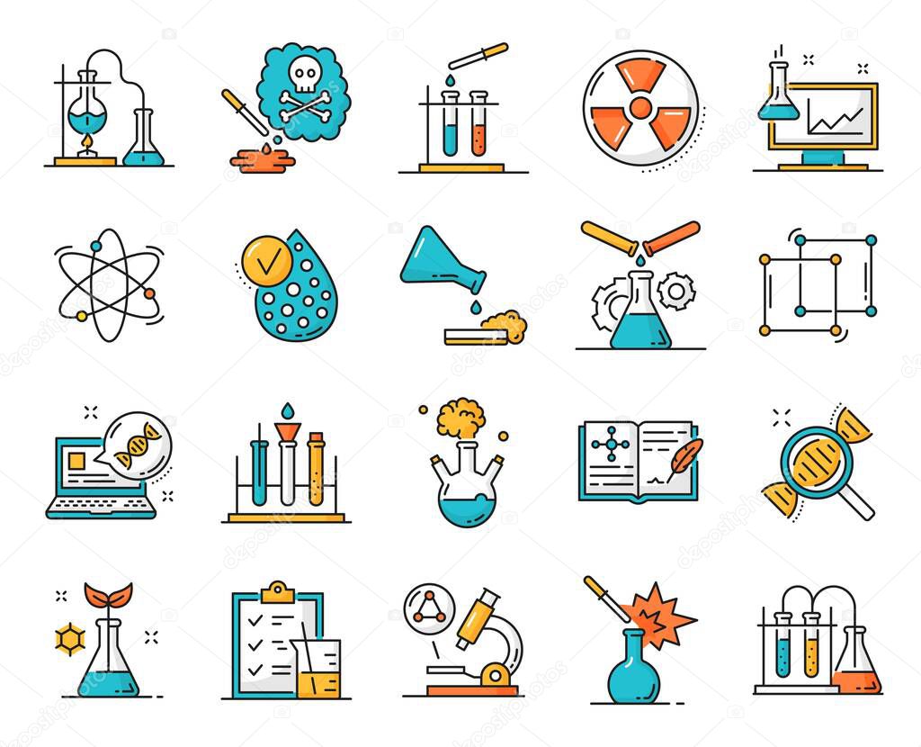 Genetics, medicine and physics, chemistry, biology line icons. Science laboratory test, genetics research outline vector icons with flasks, DNA helix and microscope, chemical reagents, research diary