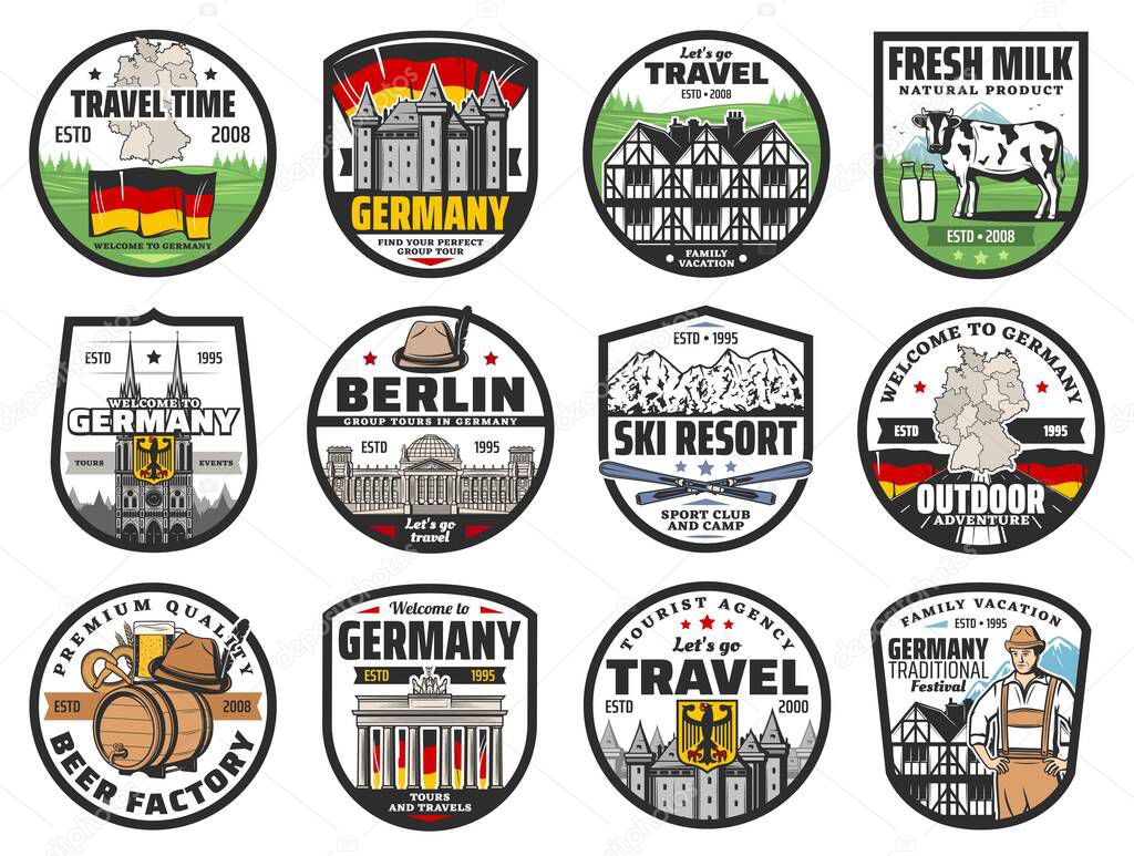 Germany travel icons, landmarks and culture vector symbols. Castle, Brandenburg gate and Reichstag building, bavarian, half-timbered house and milk cow on meadow, gothic church, ski resort and flag