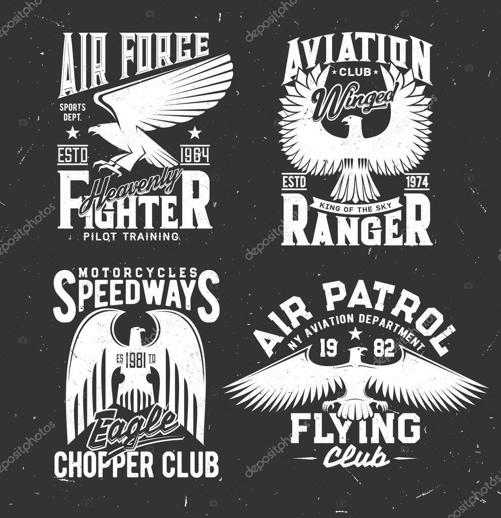 Tshirt prints with heraldic eagles, vector mascots for chopper and aviation club apparel design. T shirt prints with typography on black background. Isolated emblems or labels with eagles or griffins