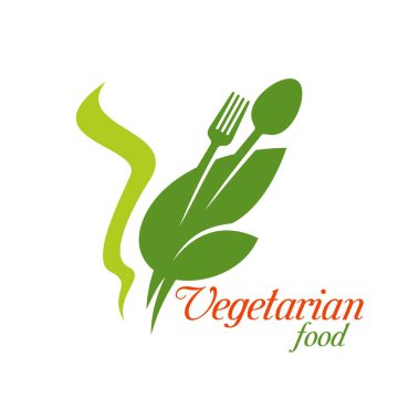 Kaşık, çatal ve yeşil salata ya da sebzeden oluşan vejetaryen yemek ikonu. Vejetaryen restoranı ya da kafe amblemi, organik tarım ürünü ya da izole mutfak gereçleri içeren sağlıklı yemek dükkanı sembolü tasarımı