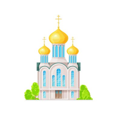 Ortodoks kilisesi, tapınak veya katedral yapı ikonu. Vektör Hıristiyanlık dini ve dini mimari tasarımı. Altın soğan kubbeleri, haçları, çan kulesi ve şapelleri olan kilise binası.