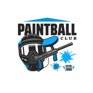 Paintball kulübü ikonu, silahlı ve maskeli. Rekabetçi takım atıcılık sporu, paintball takımı turnuvası veya şampiyonluk vektör etiketi veya oyuncu teçhizatlı ikon, paintball işareti ve mavi boya sıçramaları