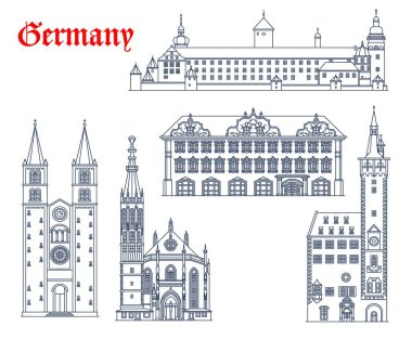 Almanya, Wurzburg mimari binaları ve seyahat yerleri, vektör kiliseler. Marienkapelle veya St Mary Kilisesi, Marienberg Festung Kalesi, Haus zum Falken veya Falkenhaus ve Saint Kilians Dom