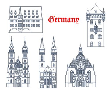 Almanya, Nuremberg mimari binaları ve seyahat yerleri, vektör kiliseler. Aziz Sebalduskirche veya Aziz Sebaldus Kilisesi, Leydimizin Frauenkirche Kilisesi, Sankt Lorenzkirche ve Nassauer Haus