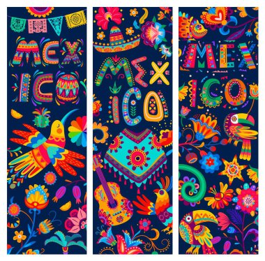 Mexican banners with toucan, parrot and chameleon, hummingbird and poncho, vector. Mexican sombrero, guitar and cactus with floral ornaments of alebrije papercut art pattern of birds and flowers clipart