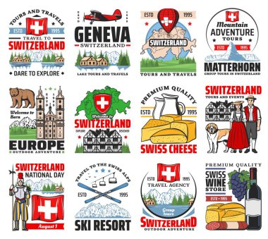 İsviçre seyahat simgeleri. İsviçre peyniri, şarap ve sosisi, Matterhorn zirvesi, kayak ve gölü, ulusal giysiler içindeki insanlar, İsviçre bayrağı ve St. Bernard köpeği, İsviçreli muhafız, yarı keresteli ev