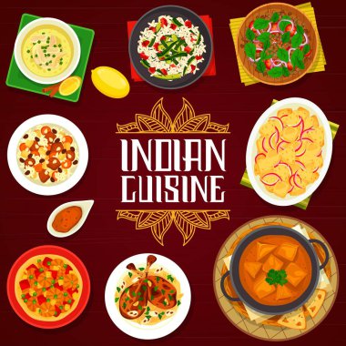 Hint mutfağı vektör menüsü tavuk bacaklarını badem fıstığı, kuzu pirinçli biryani ve sebze salatasıyla kaplar. Patates soğanlı körili batato piyava upkari, krema soslu peynir paneer veya kabaklı pilav.