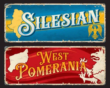 Silezya ve Batı Pomeranya, Voyvoda plakalarını ve seyahat çıkartmalarını parlatır. Polonya bölge haritası, turistik işaretler, kraliyet kartalı ve aslan taşıyan vintage sancaklar. Eski geçmişe dönük işaretler, panolar