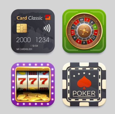 Çevrimiçi ödeme, poker çipi, şans çarkı ve kumar makinesi simgeleri, vektör mobil uygulama düğmeleri. Çevrimiçi kumarhane ve bankacılık veya NFC maaş veya dijital cüzdan uygulaması, slot makinesi ve poker oyunu ruleti
