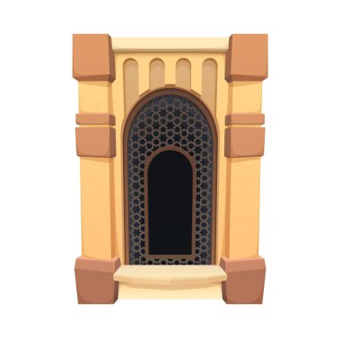 Karikatür Arap kalesinin ortaçağ penceresi. Arap motifli taşıyıcı taş kemer. Müslüman dekor ve pencere eşiğine sahip, kalenin ya da caminin izole edilmiş mimari öğesi.