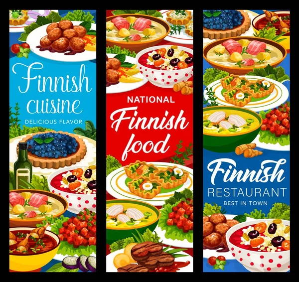Restaurante Finlandés Cocina Banderas Alimentos Con Platos Comidas Finlandia Vector — Vector de stock