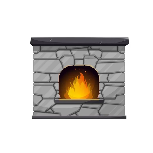 石炉や炉 独立した家を開く暖炉や囲炉裏 古代のオーブンや鍛冶屋石の壁 マントルと燃焼火災 炎と隔離ベクトルの鍛造 — ストックベクタ