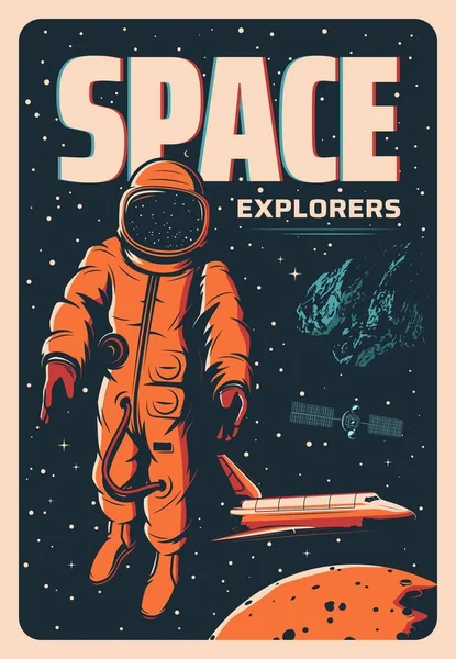 宇宙飛行士 宇宙シャトルと銀河の衛星 宇宙空間に宇宙飛行士や宇宙船とベクトルヴィンテージポスター 星間探検レトロカード赤い惑星軌道探検家 — ストックベクタ