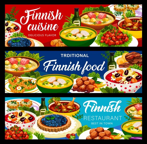 フィンランド料理レストランでは フィンランド料理 ベクトル料理を提供しています フィンランド料理のミートボールはロニカテットスープ ライスケーキはカリヤシチュー ロッソリサラダはブルーベリーパイ — ストックベクタ