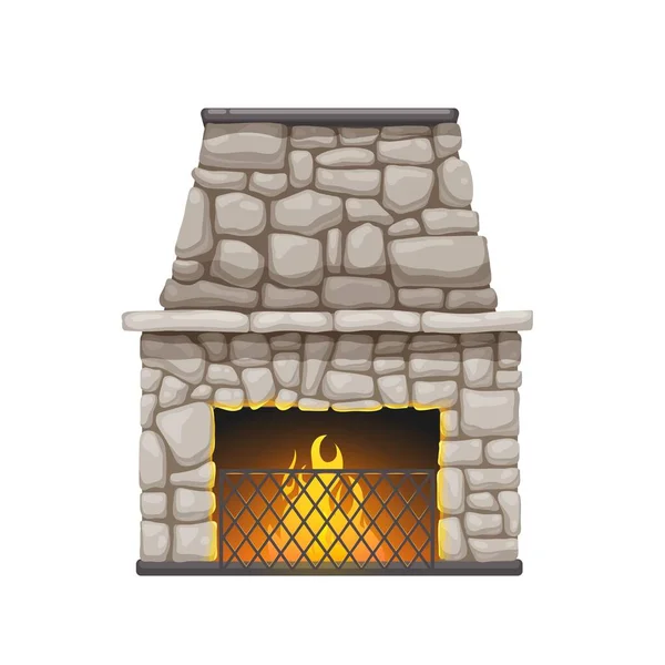 石制壁炉或炉灶 带有烟囱和燃烧的火焰 用木柴和壁炉架 房屋和房间内炉制成的现代或经典的石子壁炉 — 图库矢量图片