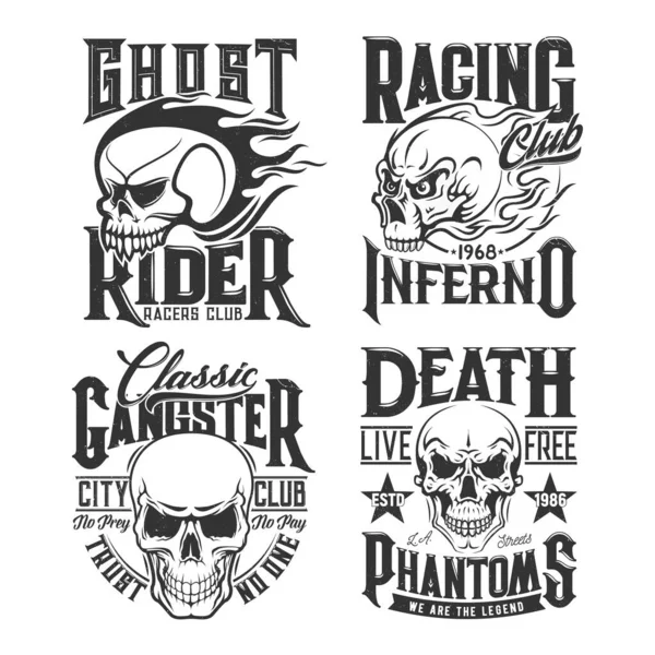 Camiseta Impressões Com Mascote Vetor Crânio Para Pilotos Clube Motociclistas — Vetor de Stock