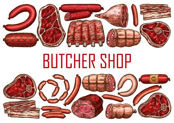 Pork Beef Lamb Meat Sketch Poster Butcher Shop Meat Farm — Stock vektor