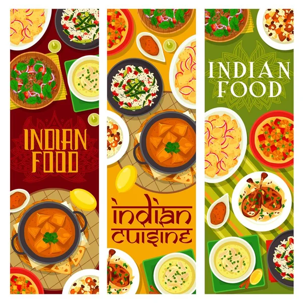 Indian Cuisine Vector Banners Vegetable Lentil Salad Potato Onion Curry — Vetor de Stock