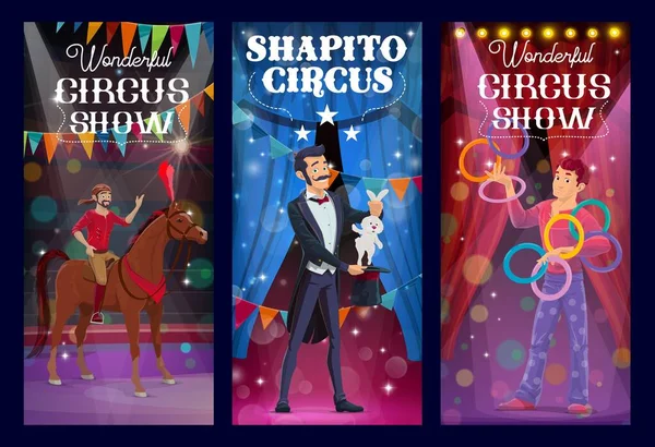 Kouzelník Cirkusu Shapito Akrobat Žonglér Vystupují Vektorovými Prapory Velký Špičkový — Stockový vektor