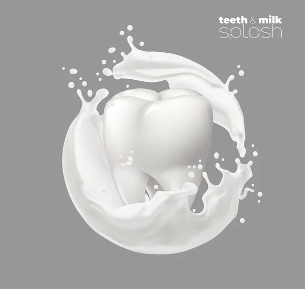 Зуб Білим Молоком Або Йогуртом Плескає Круглий Вихор Краплями Реалістичний — стоковий вектор