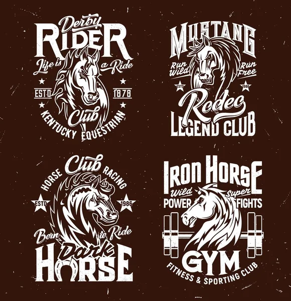 T恤印有马头 赛马和健身俱乐部的病媒吉祥物 棕色背景的动物 马匹和排字都很罕见 青铜运动队T恤套印 — 图库矢量图片