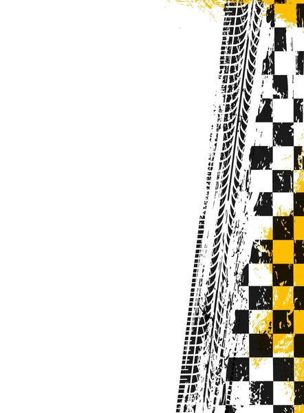 Racing Sport Grunge Achtergrond Geblokte Race Vlag Met Grunge Bandensporen — Stockvector