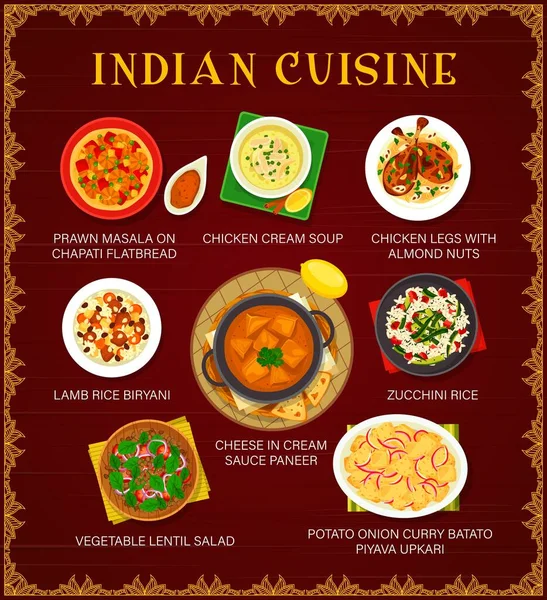 Indian Cuisine Vector Menu Prawn Masala Chapati Flatbread Chicken Cream — Stock vektor