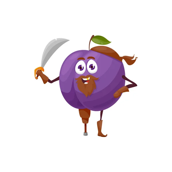 Violet Prune Isolé Fruit Personnage Dessin Animé Super Héros Pirate — Image vectorielle