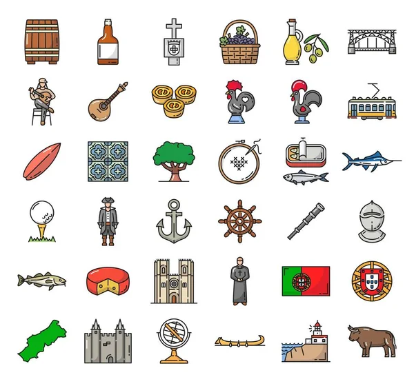 Portugal Landmarks National Symbols Line Icons Portuguese Food Architecture Culture — Vetor de Stock