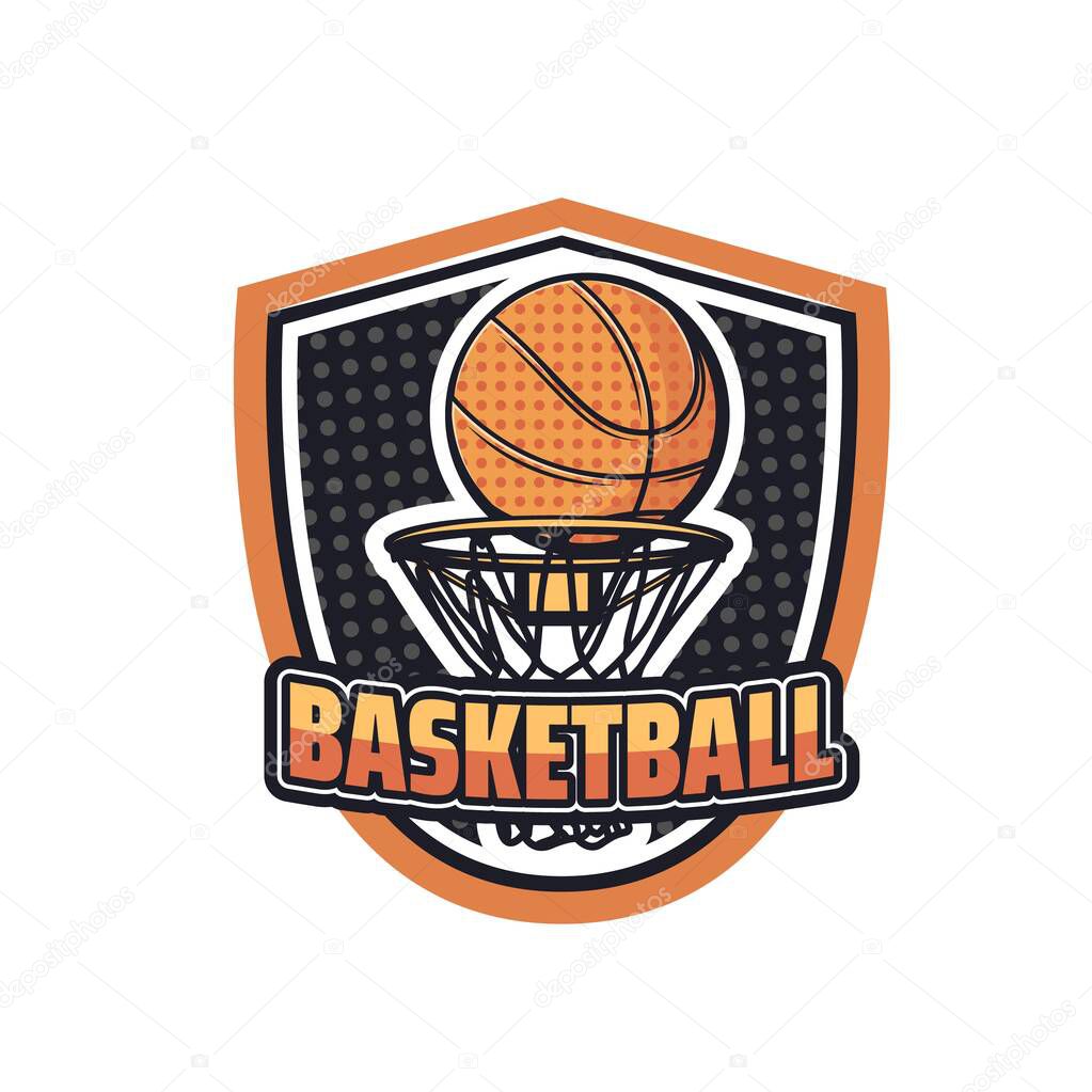 Basketball sport vector icon with ball, basket, hoop and net. Orange and gray halftone equipment of basketball game, isolated heraldic shield badge of sport team club or championship match
