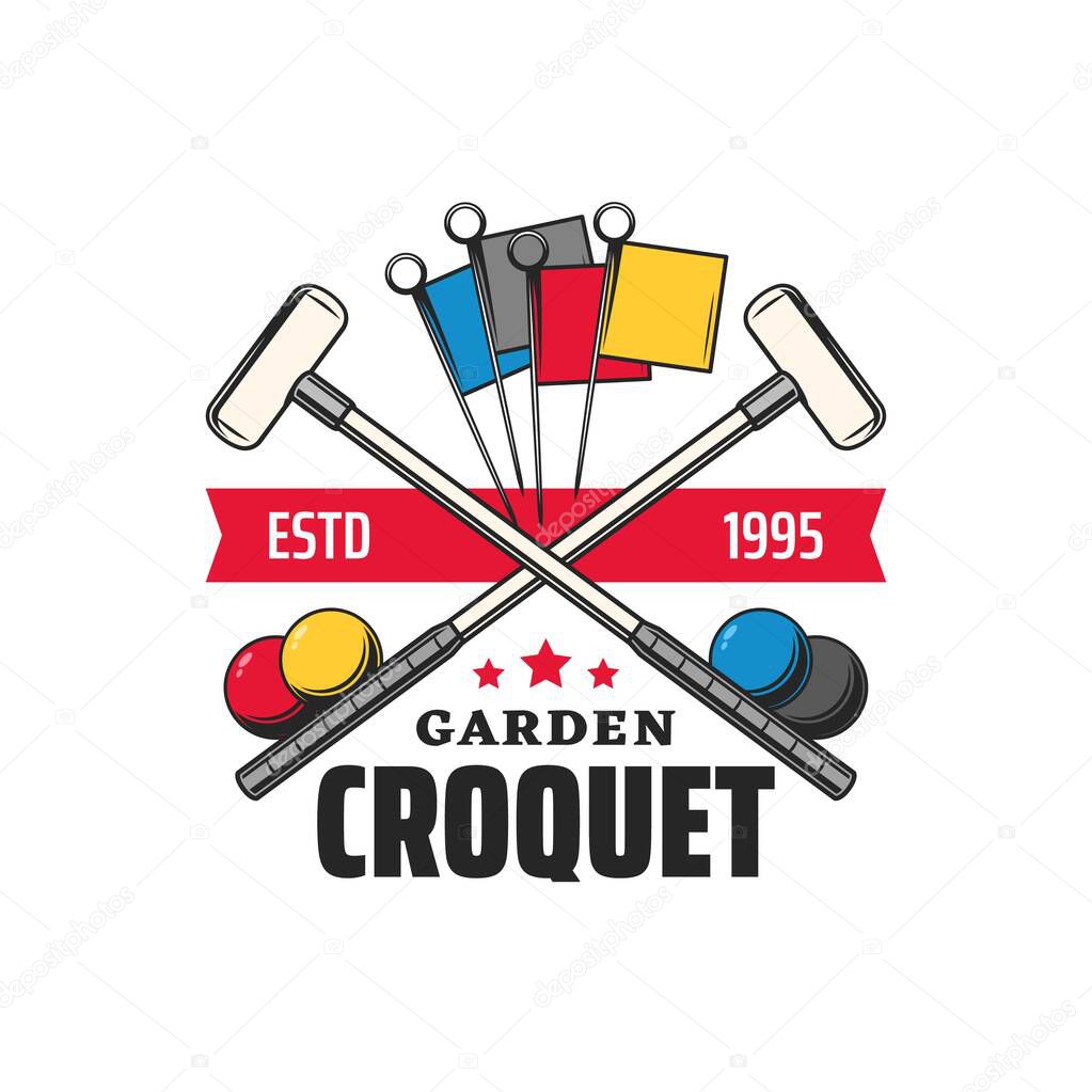 Croquet sport icon, club tournament and garden game vector symbol. Croquet game equipment with ball and sticks or bats and goal pegs, croquet club and championship badge