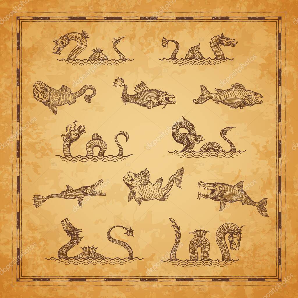 elementos-del-mapa-vintage-serpiente-drag-n-boceto-de-leviat-n